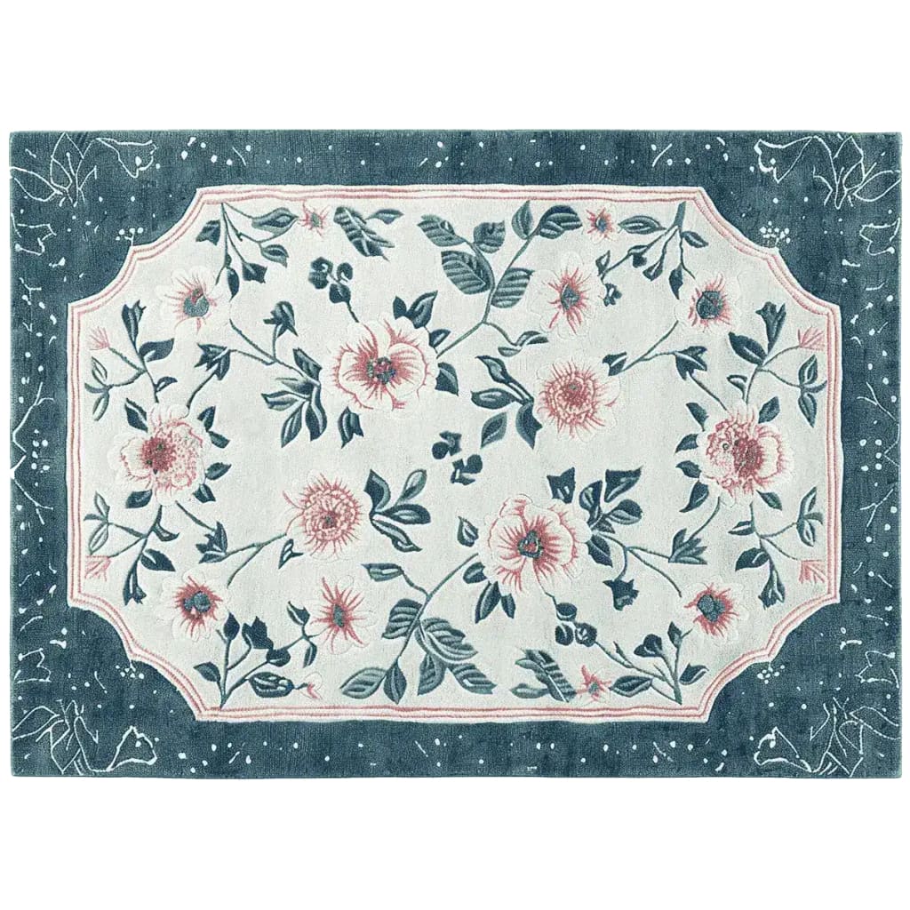 This Romantic Vine Hand Tufted Area Rug showcases a beautiful floral design with pink and green accents on a cream background. Perfect for adding elegance to your living room, this wool rug measures 8x10, making it an ideal choice for large living spaces.