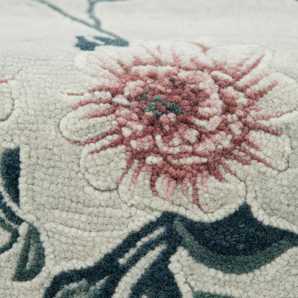 Close-up of a floral patterned rug with pink flowers and green leaves.