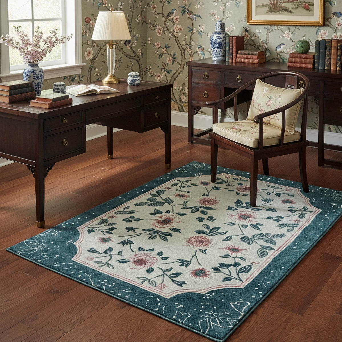 Decorative room with wooden desk, chair, and floral rug.
