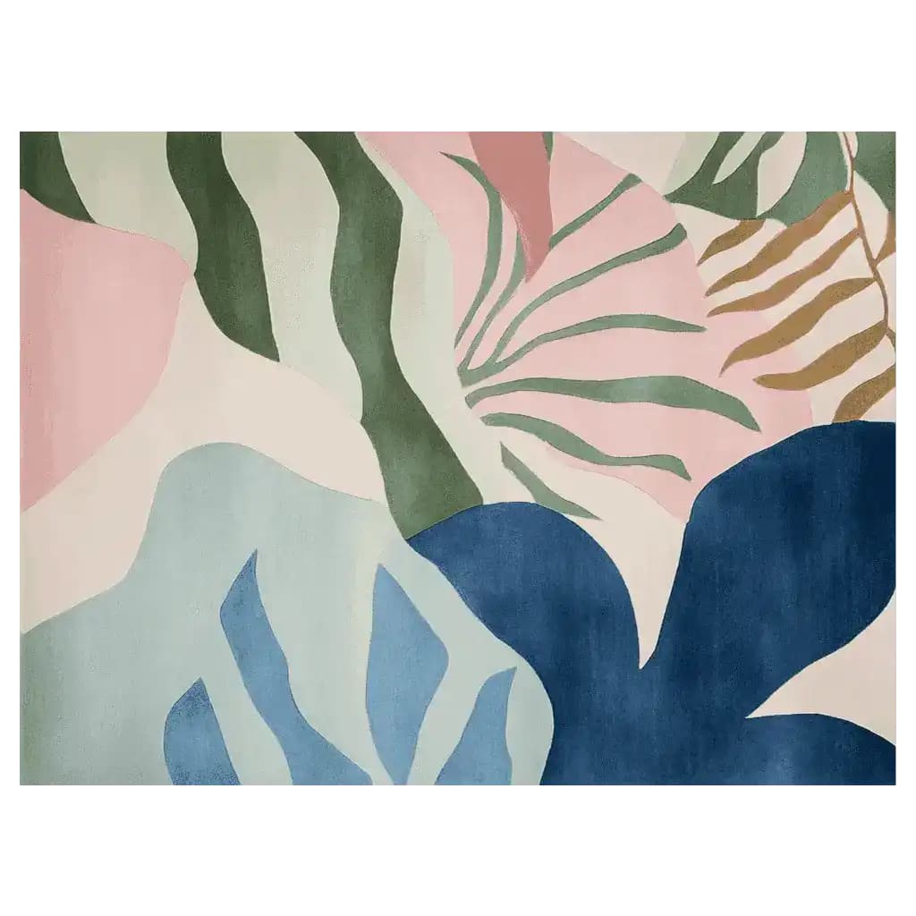This contemporary area rug, titled 'Rooted River Song Hand Tufted Rug', showcases an abstract design with a vibrant mix of colors including blue, pink, green, and beige. The wool rug features organic shapes and fluid lines, making it a stylish addition to living room area rugs. Ideal for those seeking modern and artistic area rugs for living rooms.