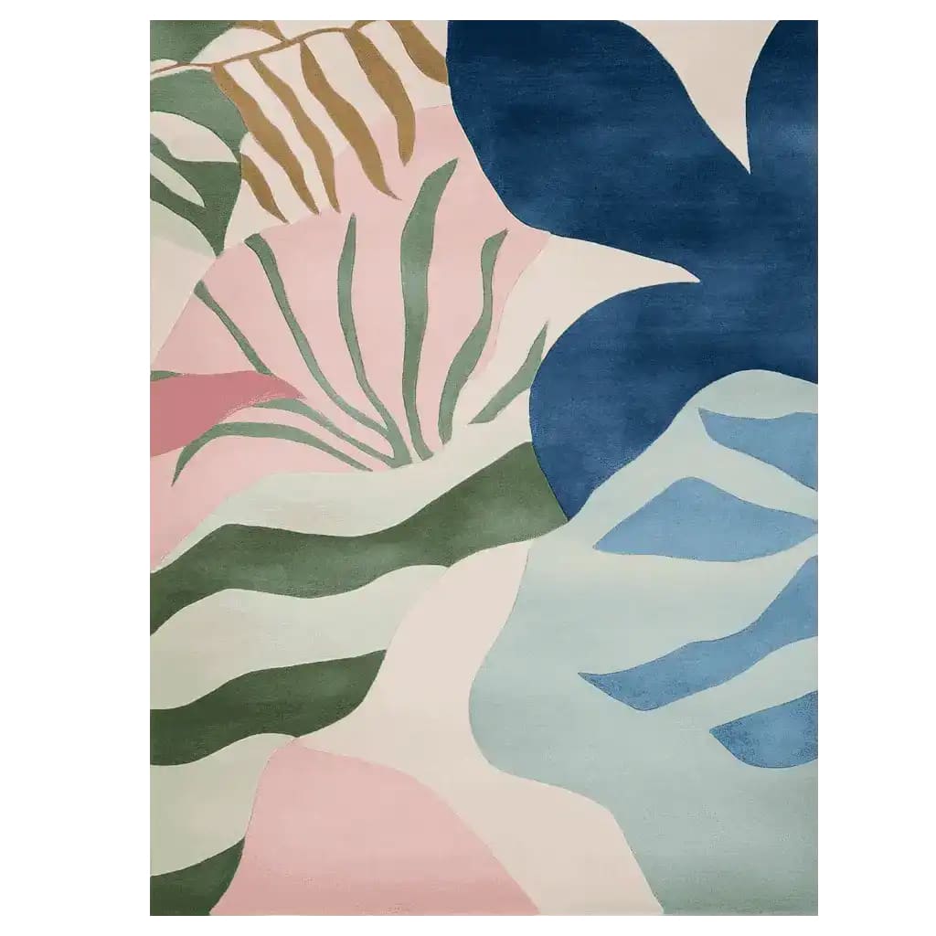 A stunning area rug featuring a contemporary design with abstract botanical patterns in soothing colors of blue, green, and pink. This wool rug is perfect for adding a touch of elegance to living room areas.