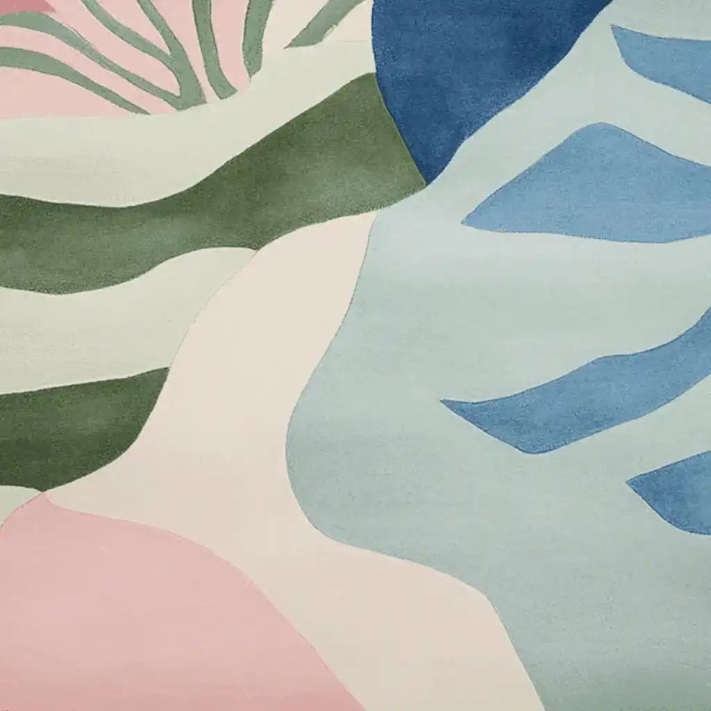 A contemporary area rug featuring an abstract design in green, blue, pink, and cream tones. This hand-tufted wool rug adds a modern touch to living room decor, perfect for those seeking stylish area rugs for living rooms.