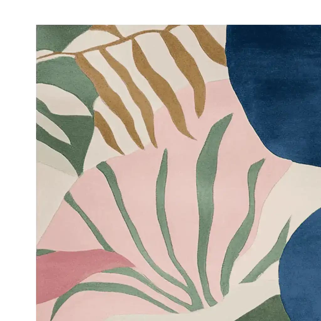 A stunning area rug featuring a contemporary design with abstract botanical patterns in shades of pink, green, and blue. This wool rug adds a touch of elegance to any living room, making it a perfect choice for those seeking stylish area rugs for their living space.