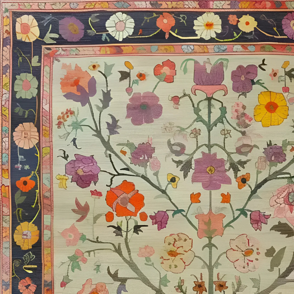 A beautifully detailed hand-knotted area rug with a vibrant floral design, perfect for adding a touch of elegance to your living room. This Persian-style rug features an array of colorful flowers and intricate patterns, making it an ideal choice for those seeking a unique floral rug or high-quality rugs for living room decor.