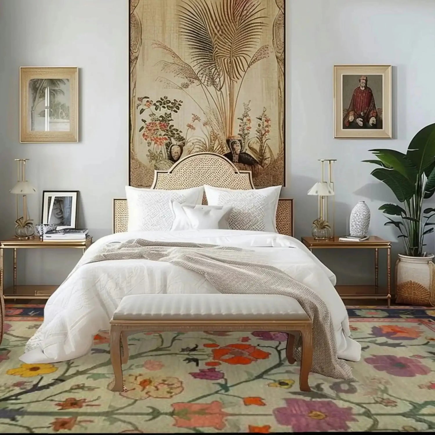 Decorative bedroom with floral hand knotted rug, bed, and wall art