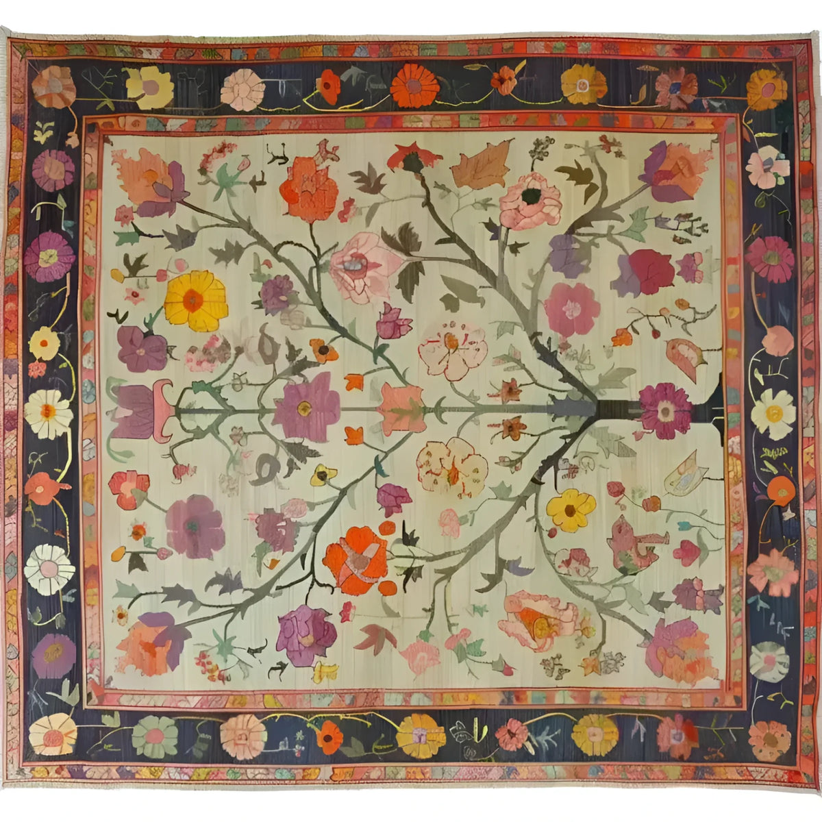 A beautifully intricate hand-knotted area rug featuring a vibrant floral design with rich colors, perfect for adding elegance to any living room. This Persian-inspired rug showcases an array of flowers, making it a stunning choice for those seeking floral rugs or rugs for living room spaces.