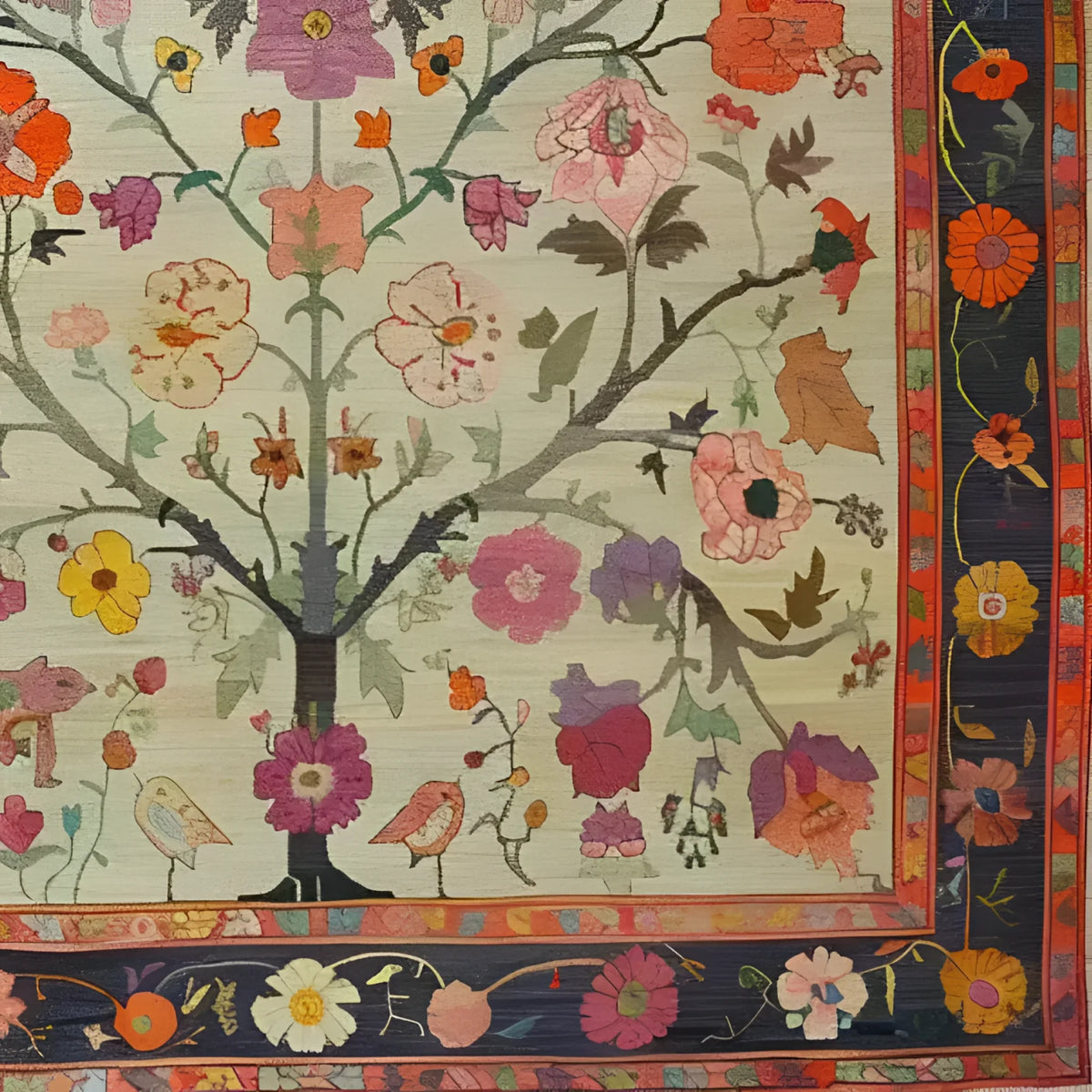 A beautifully detailed Roots and Branches tapestry hand-knotted area rug featuring a vibrant floral design. This exquisite Persian rug, perfect for living room area rugs, showcases intricate patterns with colorful blooms and delicate birds against a soft backdrop. Ideal for adding a touch of elegance to any living space, this floral rug blends tradition with contemporary style, making it a standout piece among rugs for living room decor.