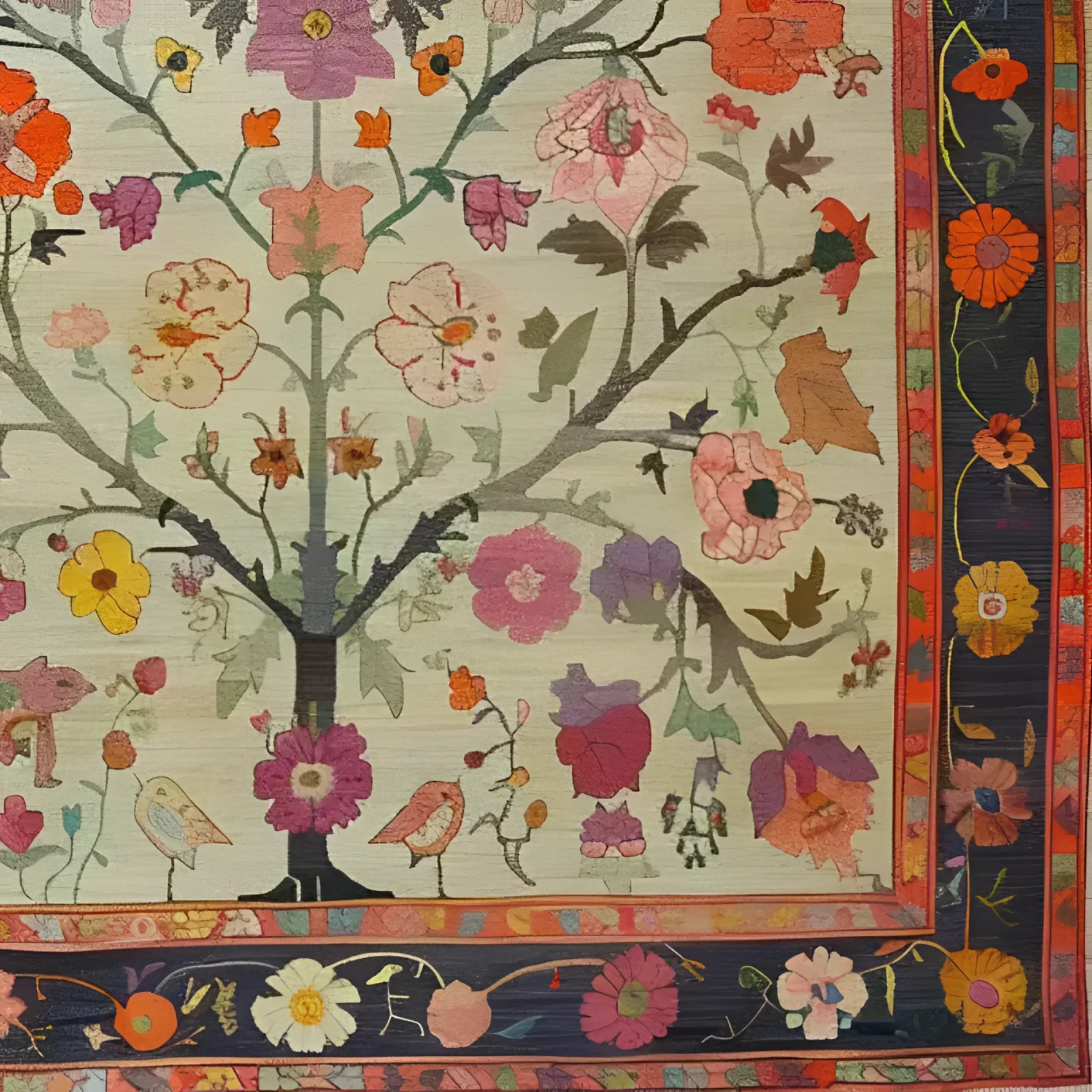 A beautifully detailed Roots and Branches tapestry hand-knotted area rug featuring a vibrant floral design. This exquisite Persian rug, perfect for living room area rugs, showcases intricate patterns with colorful blooms and delicate birds against a soft backdrop. Ideal for adding a touch of elegance to any living space, this floral rug blends tradition with contemporary style, making it a standout piece among rugs for living room decor.