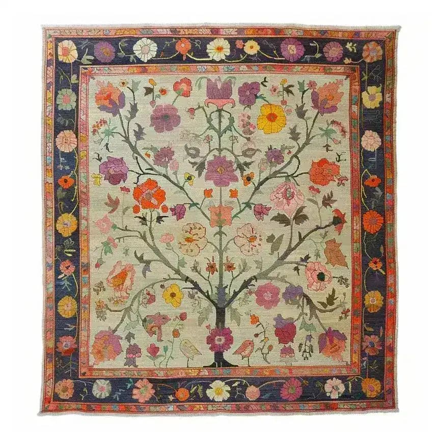 A beautifully hand-knotted area rug featuring a vibrant floral design, perfect for adding a touch of elegance to any living room. This Roots and Branches Tapestry showcases intricate patterns reminiscent of classic Persian rugs, making it an ideal choice for those seeking unique living room area rugs.