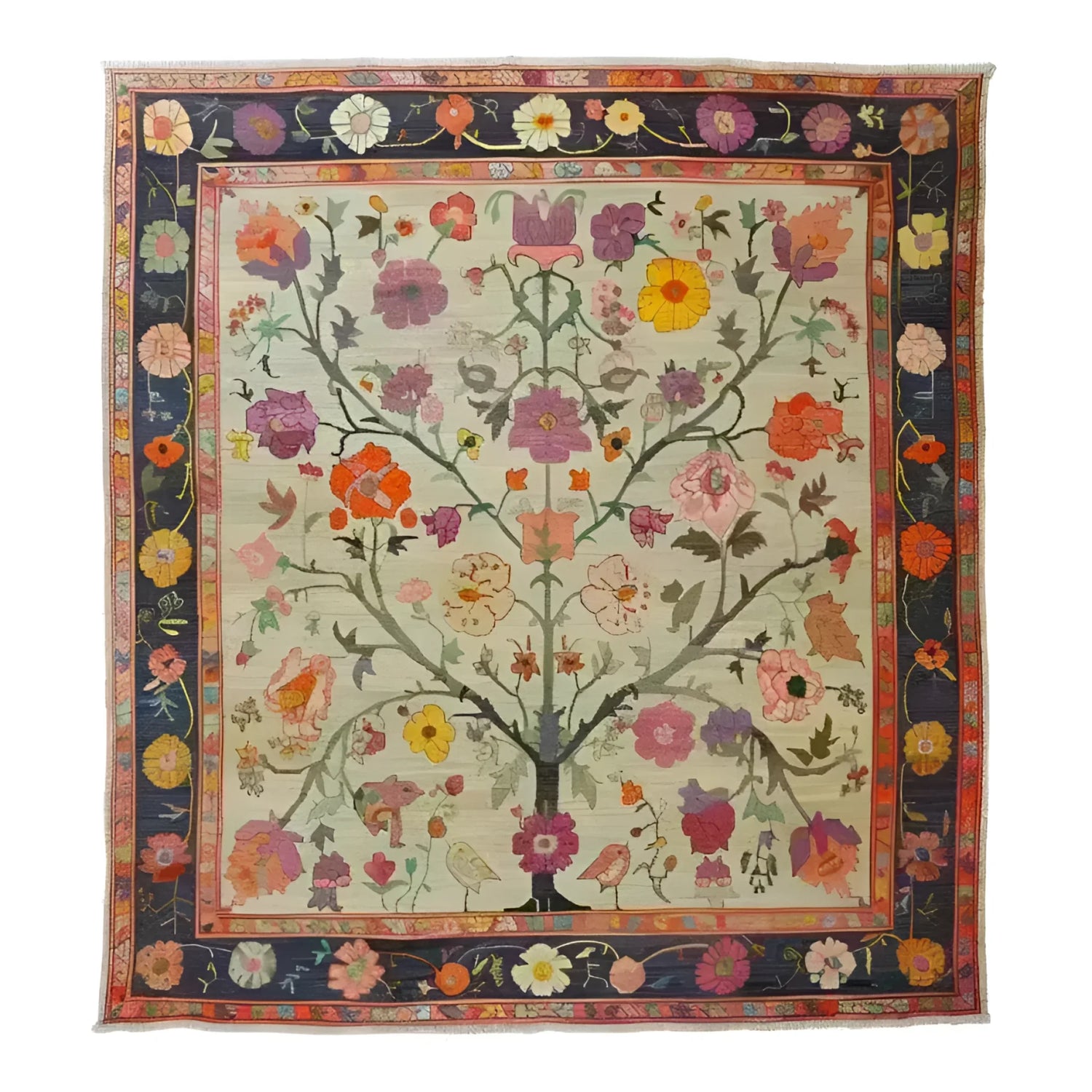 A beautifully hand-knotted area rug featuring a vibrant floral design, perfect for adding a touch of elegance to any living room. This Roots and Branches Tapestry showcases intricate patterns reminiscent of classic Persian rugs, making it an ideal choice for those seeking unique living room area rugs.