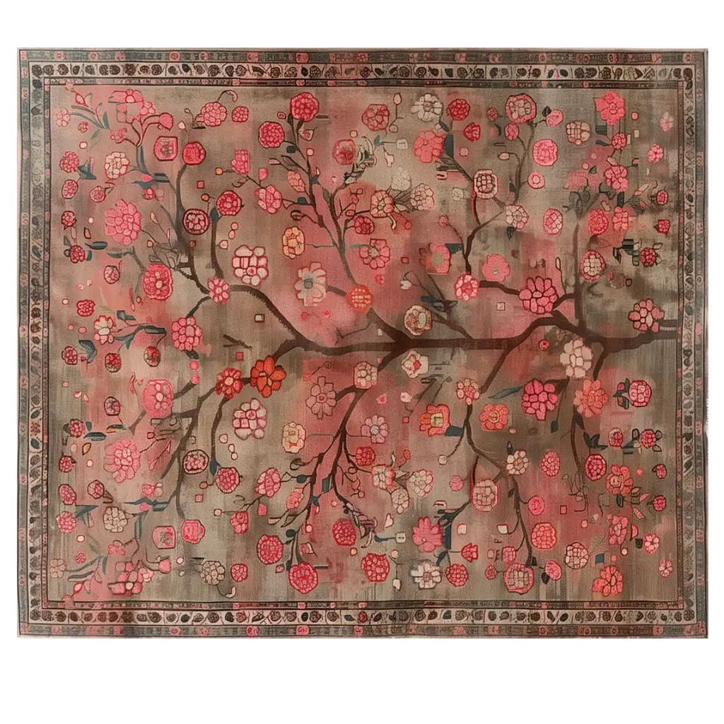 The Rosa Obscura Knotted Wool Rug, a stunning area rug featuring a vibrant floral design with pink and red blossoms set against a neutral background. This floral rug is perfect for enhancing living room aesthetics, making it an ideal choice for area rugs for the living room.