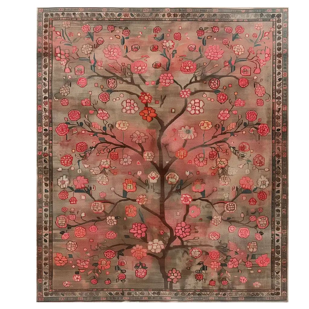 The Rosa Obscura Knotted Wool Rug is an exquisite area rug perfect for living room spaces. It features an intricate floral design with vibrant pink and red blossoms set against a muted background, adding elegance and warmth to any room. Ideal for those seeking floral rugs or area rugs for living rooms.