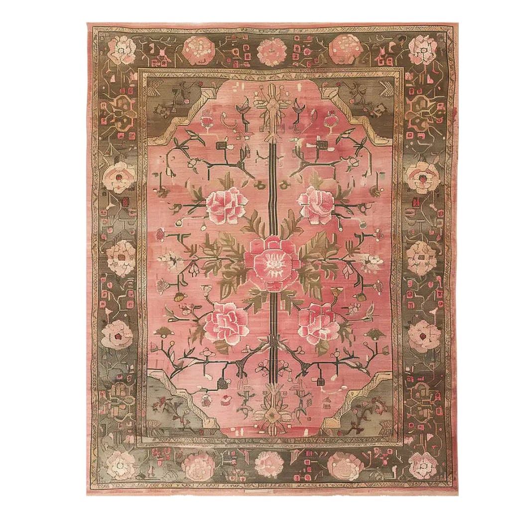 The Rosaire Grandeur Knotted Wool Rug features a beautifully intricate floral design, perfect as an area rug to enhance your living room decor. The rich pink and earthy tones create a warm and inviting atmosphere, making it an ideal floral rug choice.
