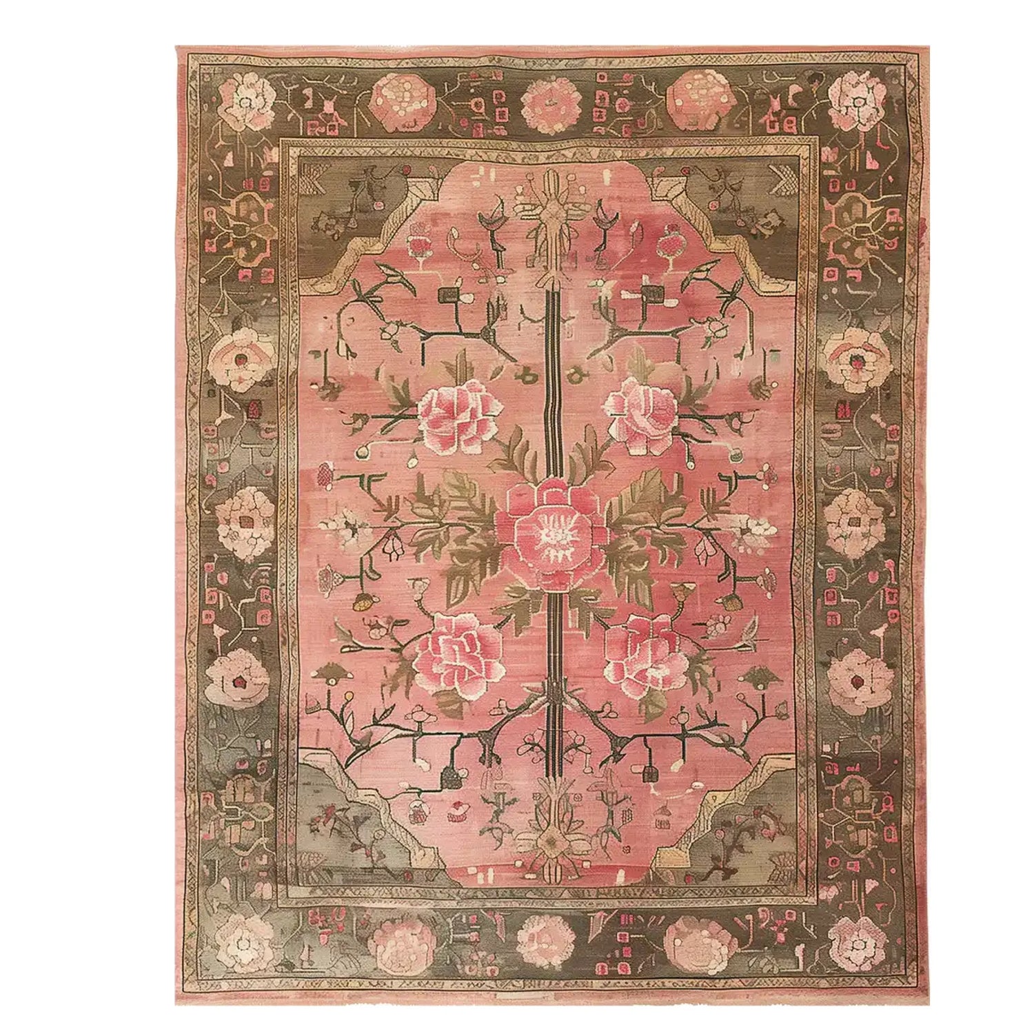 The Rosaire Grandeur Knotted Wool Rug features a beautifully intricate floral design, perfect as an area rug to enhance your living room decor. The rich pink and earthy tones create a warm and inviting atmosphere, making it an ideal floral rug choice.