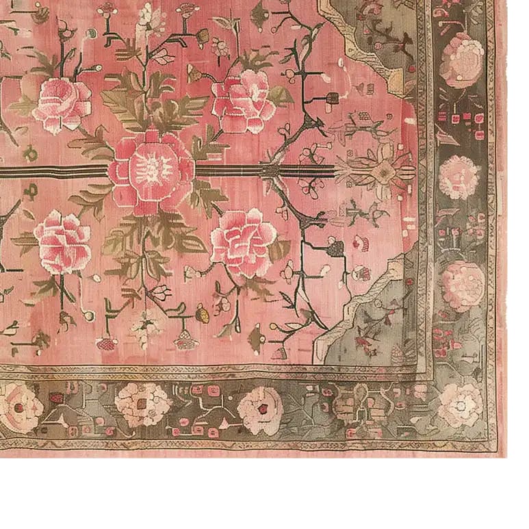 The Rosaire Grandeur Knotted Wool Area Rug showcases a stunning floral design, perfect for adding elegance to any living room. The rug features intricate patterns of blooming flowers in soft, warm tones, creating a cozy and inviting atmosphere.