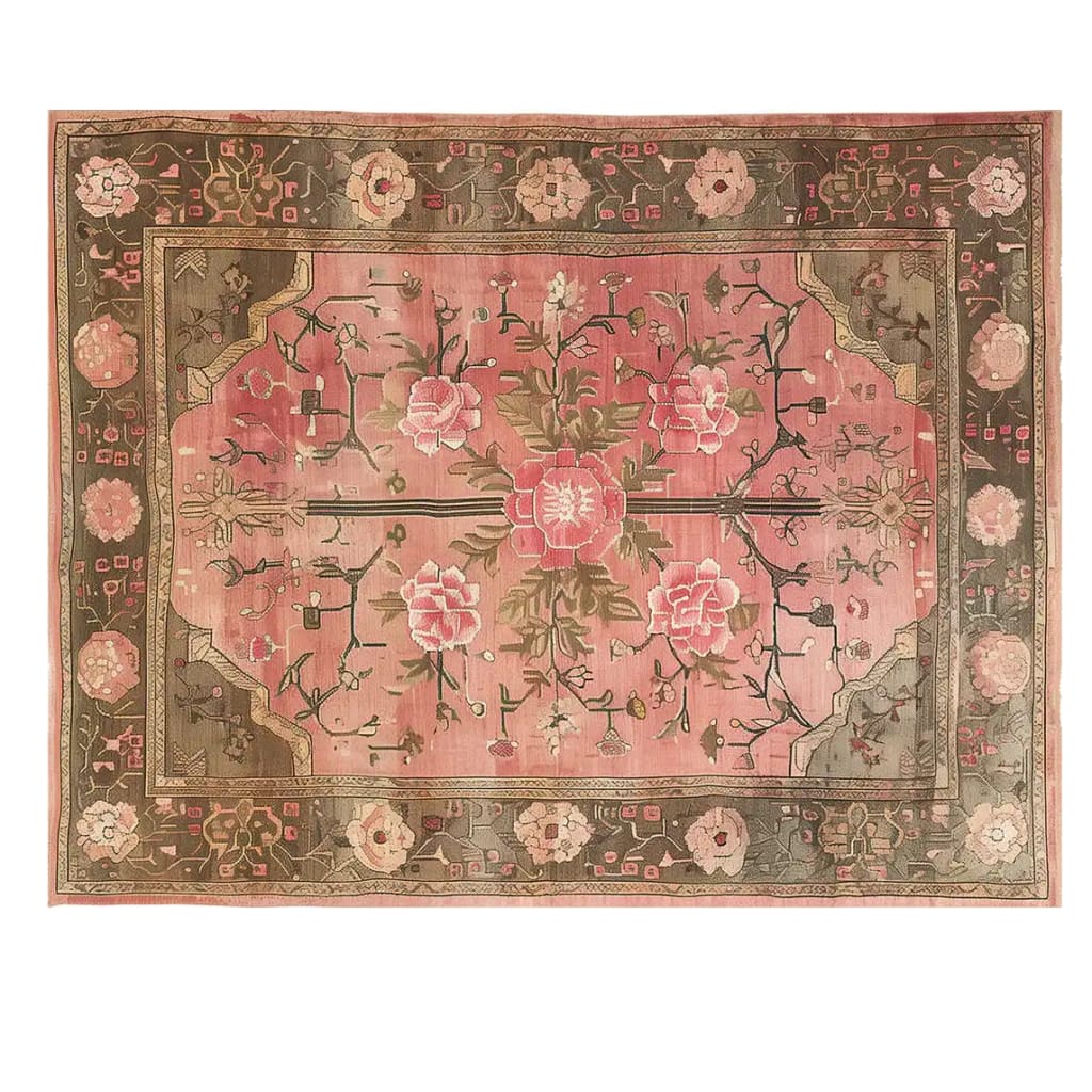 Beautiful Rosaire Grandeur Knotted Wool Area Rug featuring a stunning floral design. This elegant floral rug, perfect for adding a touch of sophistication to your living room, showcases intricate pink and green patterns that enhance any decor.