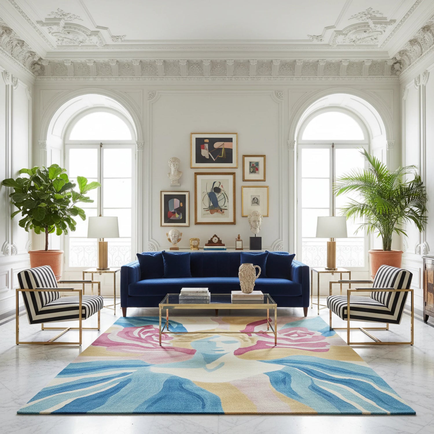 Modern living room with a blue sofa, colorful rug, and decorative elements.