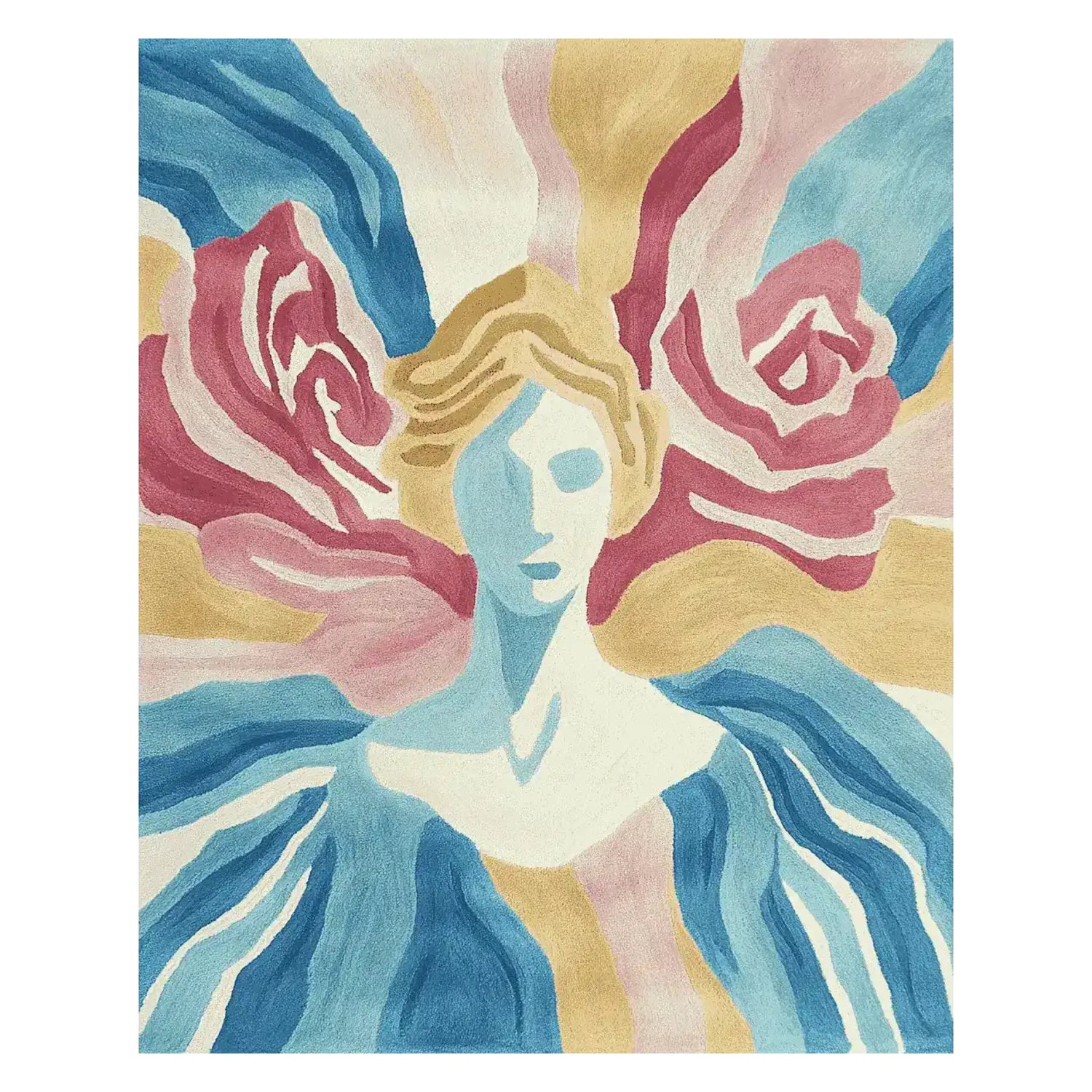 This area rug features a contemporary design with a hand-tufted wool construction. The artistic pattern showcases abstract floral and human elements in soft pastel shades, making it an ideal wool rug for modern living room decor.