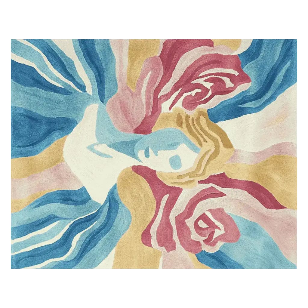 This vibrant area rug showcases an abstract design with swirling patterns in shades of blue, pink, and beige. Perfect as a contemporary rug for modern living rooms, this wool rug adds a touch of artistic elegance to any space.