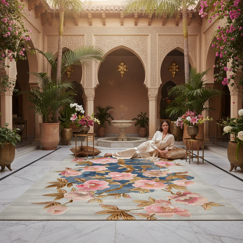 Woman sitting on a floral rug in a decorative courtyard with plants and a fountain.