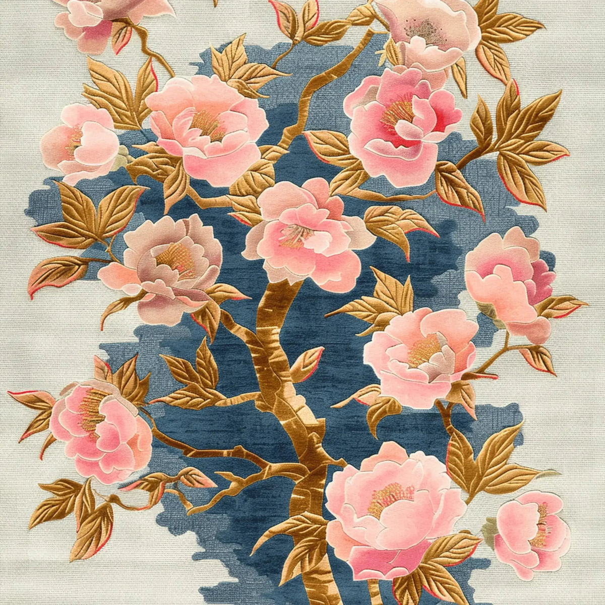A stunning Rose Gold Bloom hand-tufted area rug featuring an elegant floral design with pink blossoms and gold leaves against a blue textured background, perfect for a dining room or large living room as a wool rug or dining table rug.