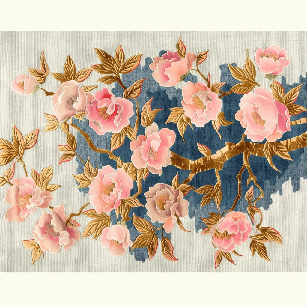 A luxurious Rose Gold Bloom Hand Tufted Area Rug featuring a stunning floral design with pink and gold flowers against a soft background. Perfect for adding elegance to a dining room, under a dining table, or as a centerpiece in a large living room. This wool rug combines beauty and functionality, offering a plush and inviting feel to any living room space.