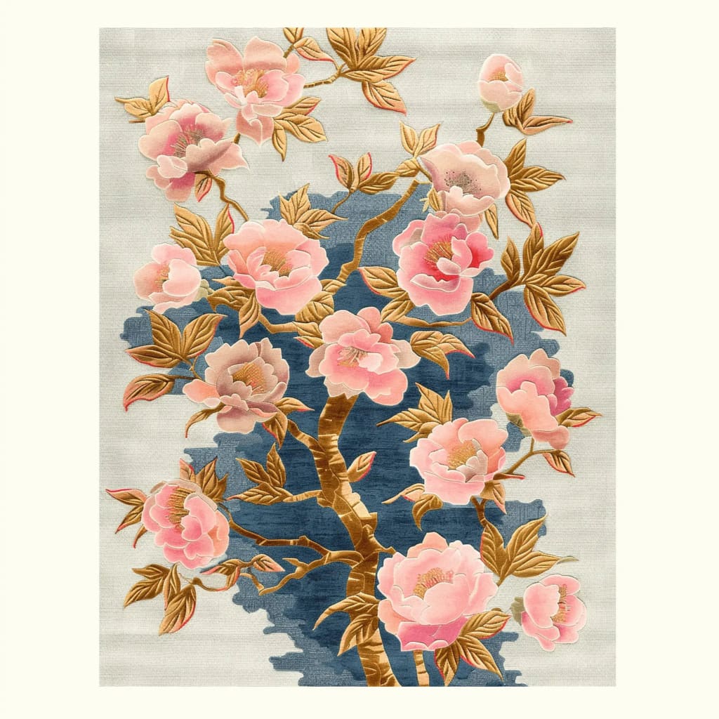 A stunning Rose Gold Bloom Hand Tufted Area Rug featuring an intricate floral design with pink blossoms and golden leaves against a soft background. Perfect for adding elegance to a dining room, enhancing a large living room space, or as a stylish dining table rug. This wool rug combines beauty and functionality, making it an ideal choice for a living room or any space that needs a touch of nature-inspired decor.