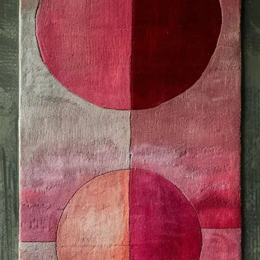 This image features the Rose Luxe Hand Tufted Wool Rug Runner, showcasing its elegant abstract design in rich red and pink hues. Ideal as an area rug for contemporary settings, it fits perfectly as a hallway runner, kitchen or bathroom runner, and enhances living room decor with its luxurious wool texture.