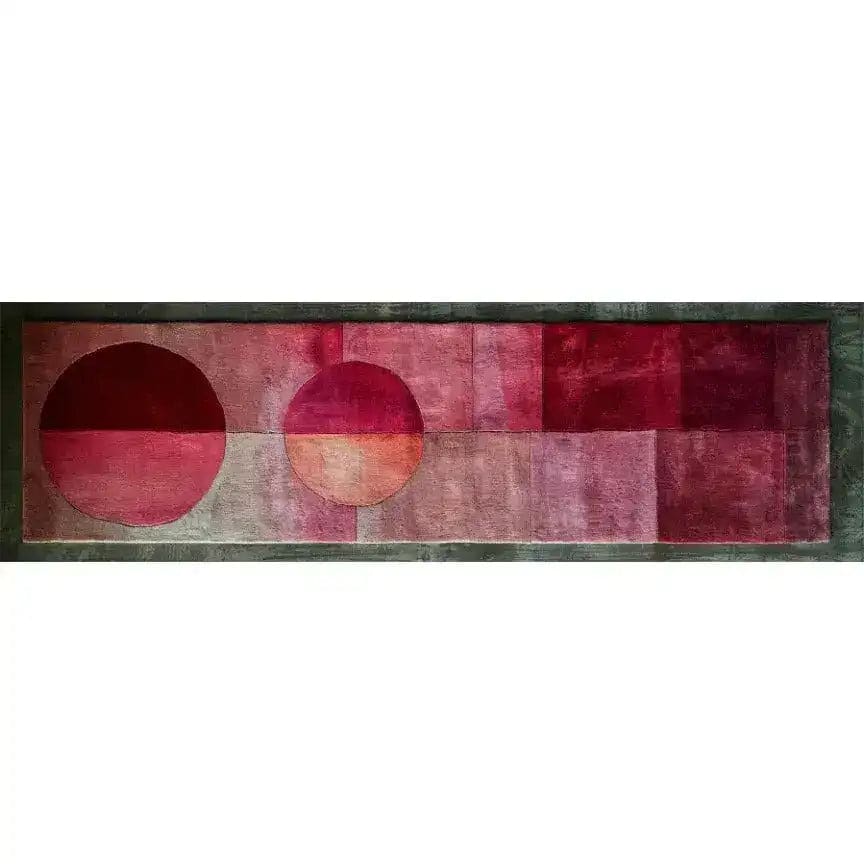 Top view of the Rose Luxe Hand Tufted Wool Rug Runner, perfect for adding a touch of elegance to any space. This contemporary area rug features a stunning abstract design with rich red and pink tones, ideal for use as a hallway runner rug or as kitchen rugs. Its hand-tufted wool construction makes it a luxurious addition to your living room, kitchen, or even as a bathroom runner rug.