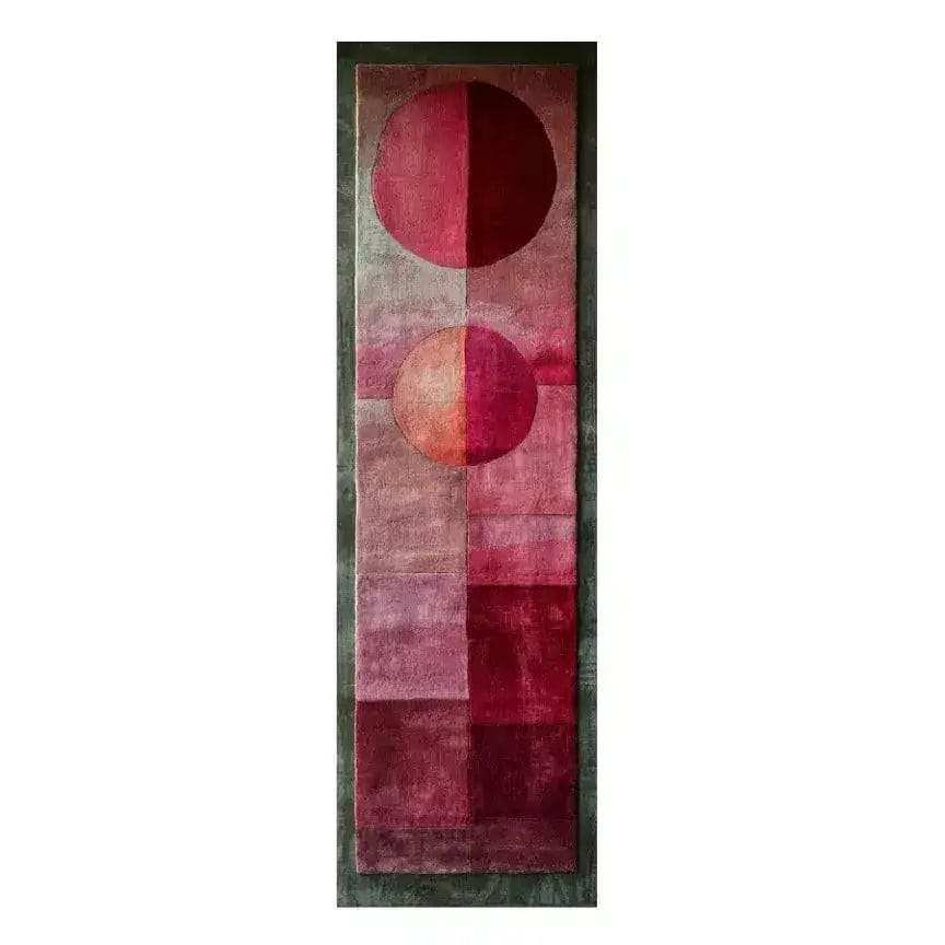 A stunning Rose Luxe Hand Tufted Wool Rug Runner featuring a contemporary geometric design with rich red and pink circles, perfect as an area rug for kitchens, hallways, or living rooms. This elegant wool rug adds warmth and style to any space, serving as a versatile kitchen runner or bathroom runner rug.