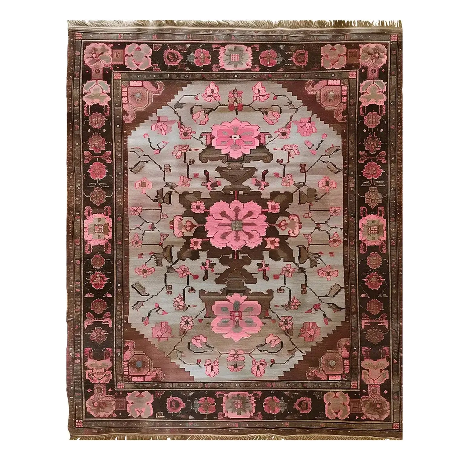 A beautifully crafted Rosé Reverie Knotted Wool Area Rug, showcasing a stunning floral pattern with shades of pink and brown. Perfectly suited for large living rooms, this floral rug brings an elegant touch to any space.