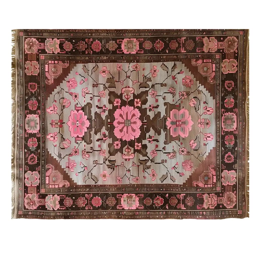 Elegant Rosé Reverie Knotted Wool Rug featuring a beautiful floral pattern in shades of pink and brown. This large living room area rug adds a touch of sophistication and warmth, making it an ideal choice for enhancing any space with its intricate design.