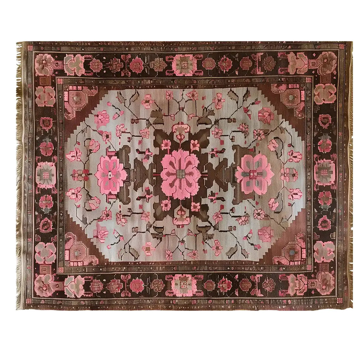 Elegant Rosé Reverie Knotted Wool Rug featuring a beautiful floral pattern in shades of pink and brown. This large living room area rug adds a touch of sophistication and warmth, making it an ideal choice for enhancing any space with its intricate design.