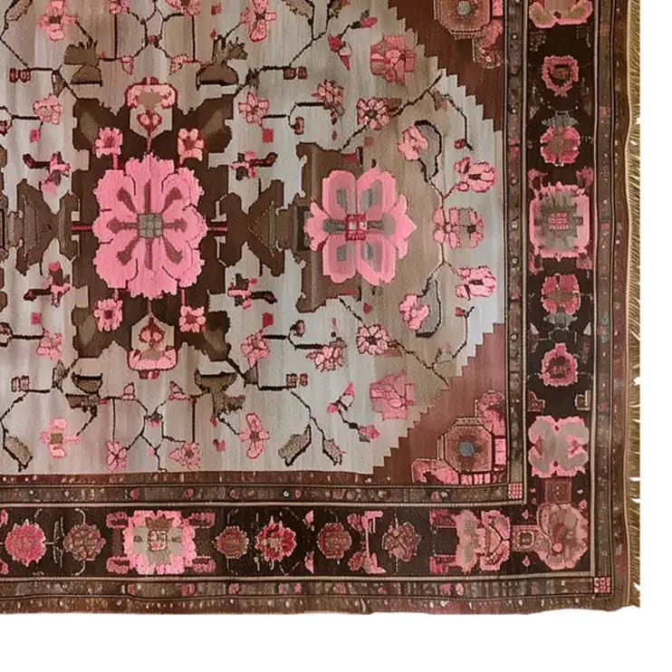 Top view of the Rosé Reverie Knotted Wool Rug, showcasing its intricate floral patterns in pink and brown tones. This area rug is perfect for adding elegance to living room spaces, ideal for those seeking large living room rugs with a floral design.