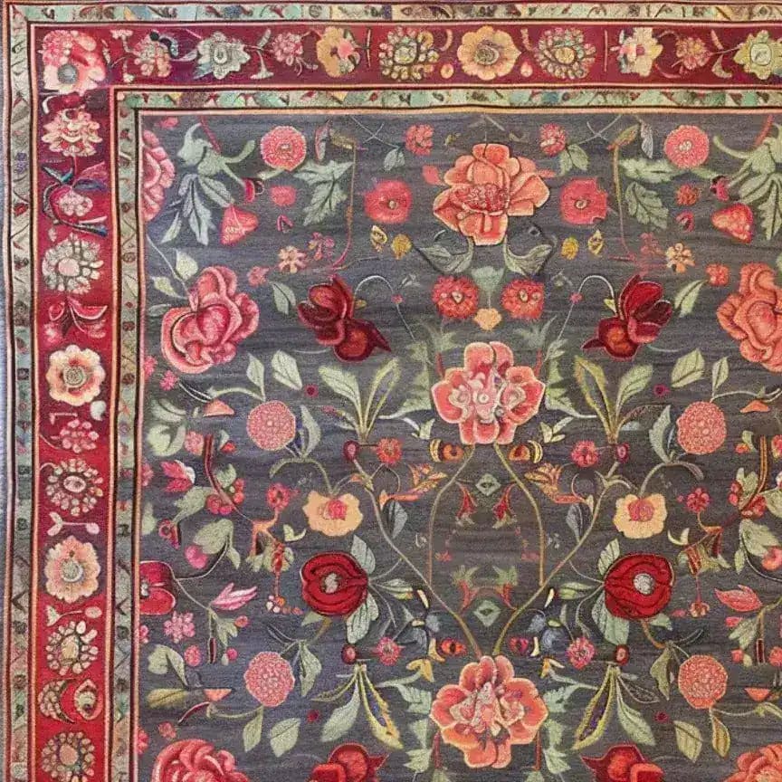 A beautifully detailed hand-knotted area rug featuring an intricate floral pattern with roses and lilies, perfect for adding a vintage touch to large living room spaces. This Persian-style rug showcases vibrant red and pink floral designs set against a muted backdrop, ideal for those seeking elegant area rugs for their living room.