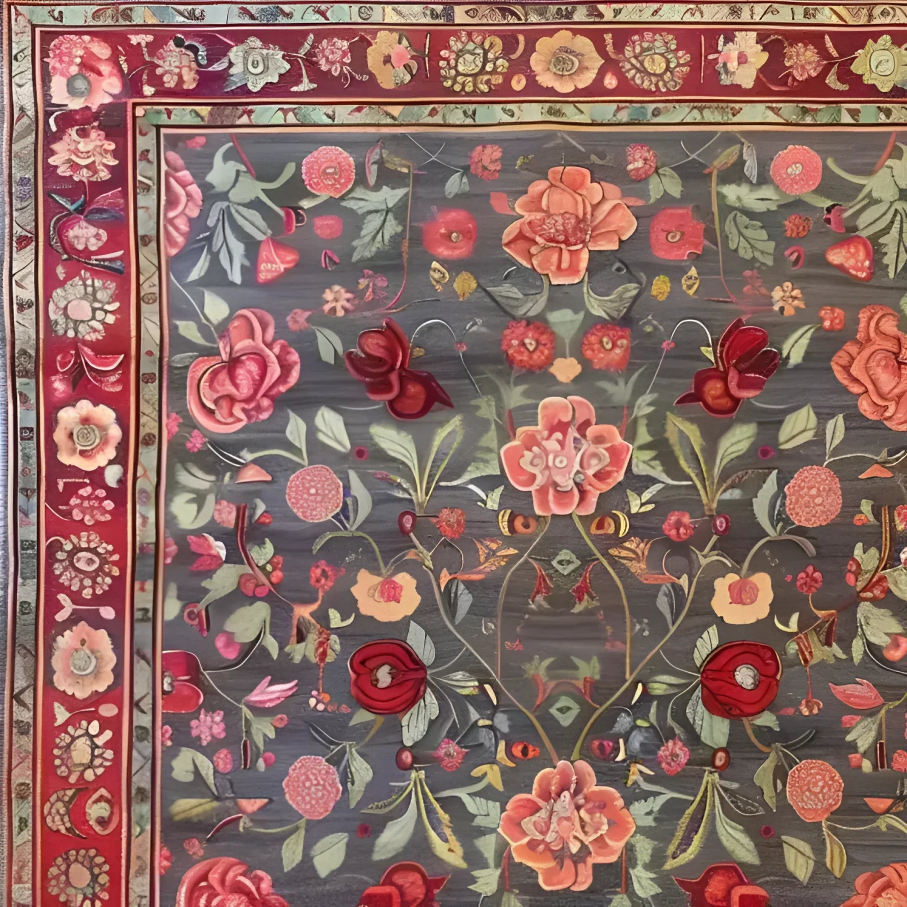 A beautifully detailed hand-knotted area rug featuring an intricate floral pattern with roses and lilies, perfect for adding a vintage touch to large living room spaces. This Persian-style rug showcases vibrant red and pink floral designs set against a muted backdrop, ideal for those seeking elegant area rugs for their living room.