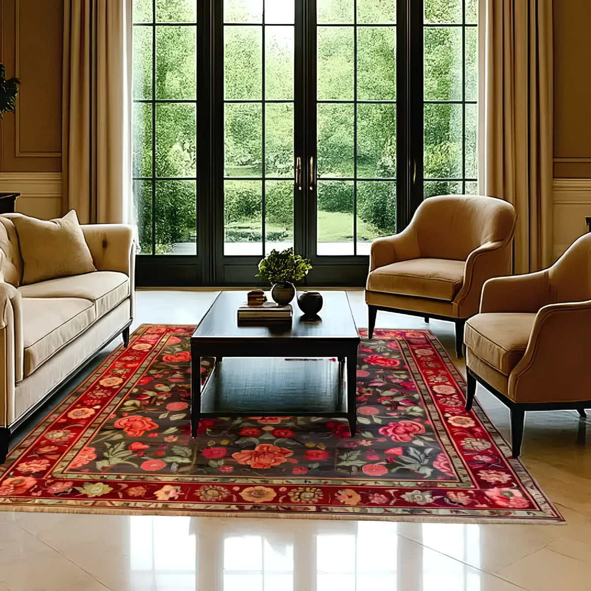 A beautifully designed Roses and Lilies Hand Knotted Area Rug enhances a spacious living room. The large, vintage-style floral rug features vibrant roses and lilies against a dark background, complementing the elegant furniture. This area rug is perfect for adding a touch of Persian charm to any living room.