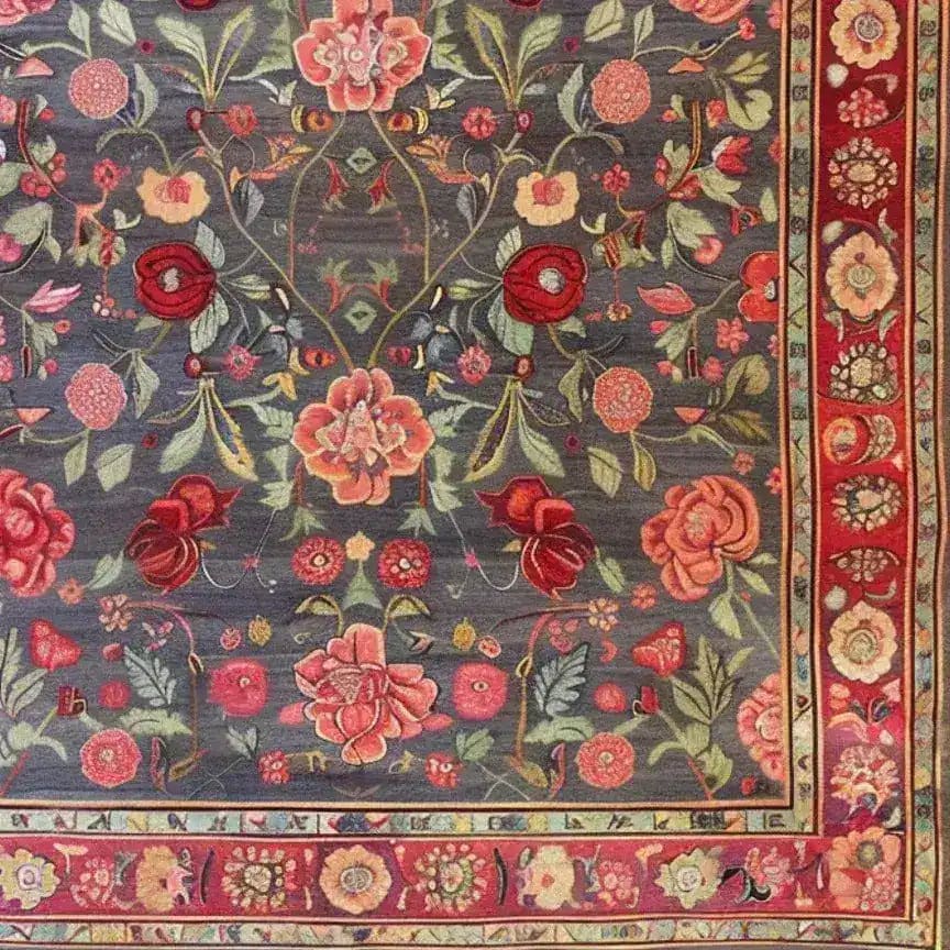 A beautifully detailed hand-knotted area rug featuring an intricate floral pattern of roses and lilies. The vintage design showcases vibrant reds, pinks, and greens on a deep background, ideal for large living rooms. This Persian-inspired floral rug adds a touch of elegance to any space, making it perfect for those seeking a classic area rug for their living room.