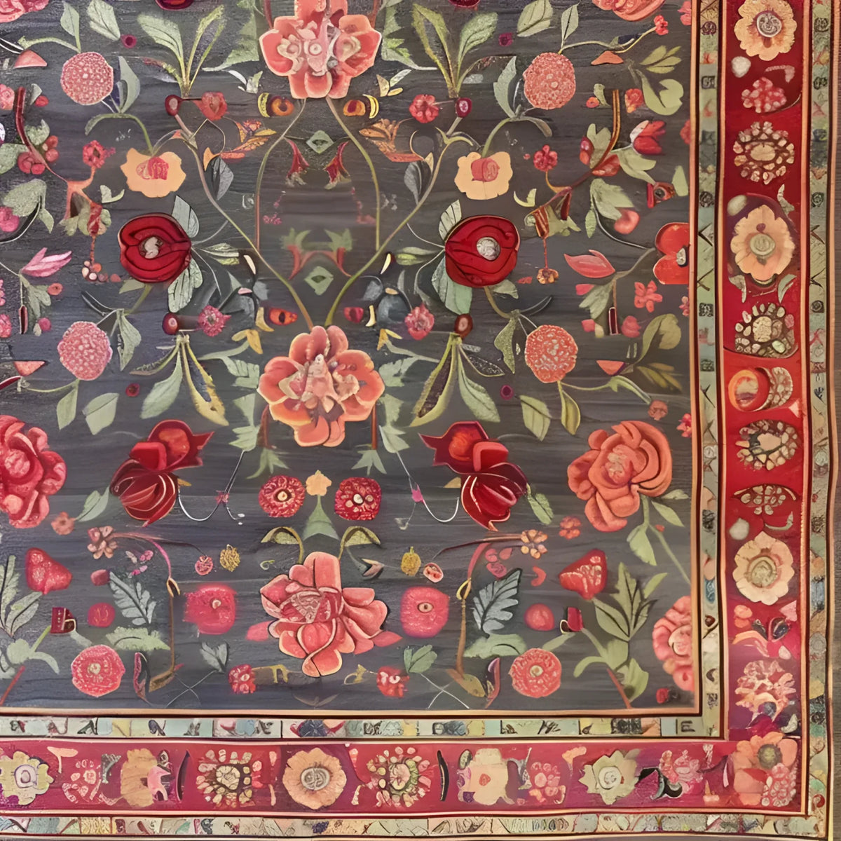 A beautifully detailed hand-knotted area rug featuring an intricate floral pattern of roses and lilies. The vintage design showcases vibrant reds, pinks, and greens on a deep background, ideal for large living rooms. This Persian-inspired floral rug adds a touch of elegance to any space, making it perfect for those seeking a classic area rug for their living room.