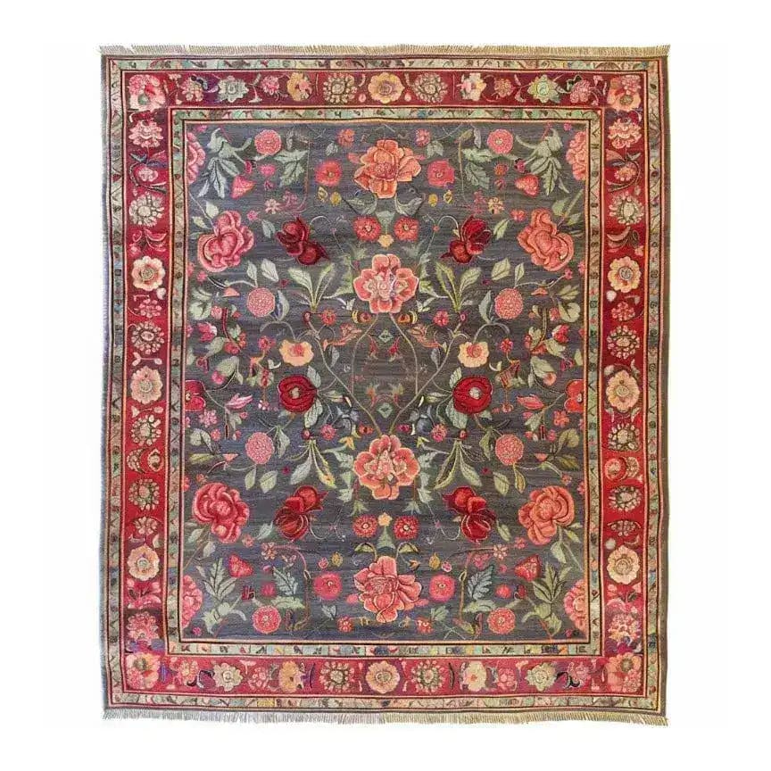 A beautifully crafted Roses and Lilies Hand Knotted Area Rug featuring an intricate floral design with vibrant roses and lilies on a rich, dark background. This vintage-style Persian rug is perfect for adding elegance to large living rooms, making it an ideal choice for those seeking sophisticated area rugs for living room spaces.