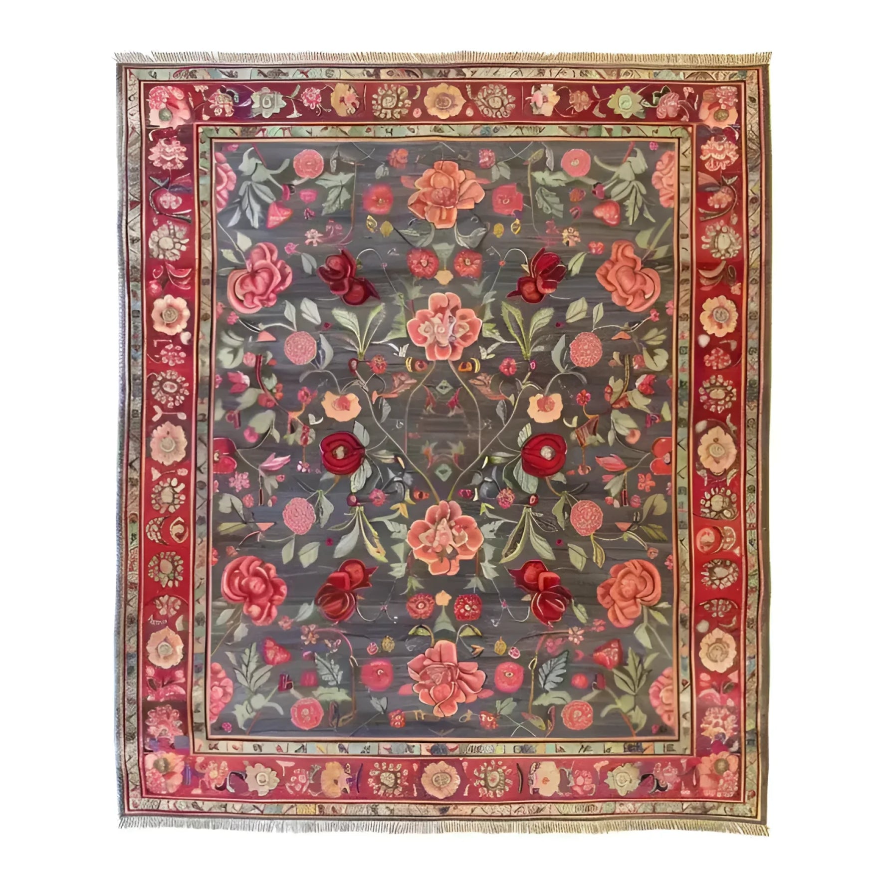 A beautifully crafted Roses and Lilies Hand Knotted Area Rug featuring an intricate floral design with vibrant roses and lilies on a rich, dark background. This vintage-style Persian rug is perfect for adding elegance to large living rooms, making it an ideal choice for those seeking sophisticated area rugs for living room spaces.