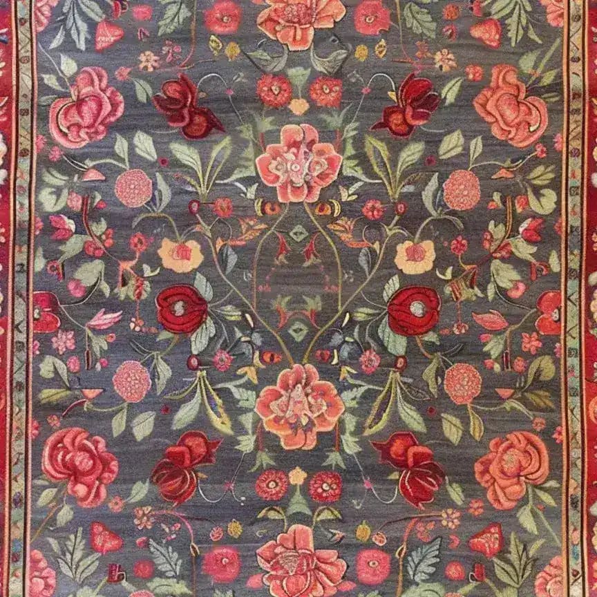 A beautifully detailed area rug featuring an intricate floral design with roses and lilies. This vintage-style Persian rug showcases vibrant colors on a rich background, perfect for adding elegance to large living room spaces. Ideal for those seeking a floral rug or classic area rugs for living room settings.