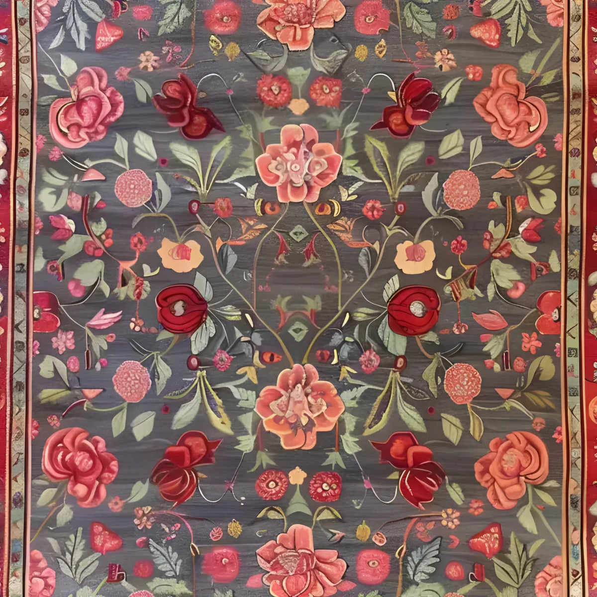A beautifully detailed area rug featuring an intricate floral design with roses and lilies. This vintage-style Persian rug showcases vibrant colors on a rich background, perfect for adding elegance to large living room spaces. Ideal for those seeking a floral rug or classic area rugs for living room settings.