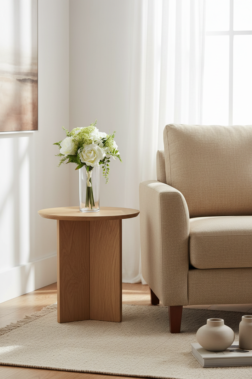 Roses centerpiece of white blooms in a glass vase on a round wooden side table by an armchair.