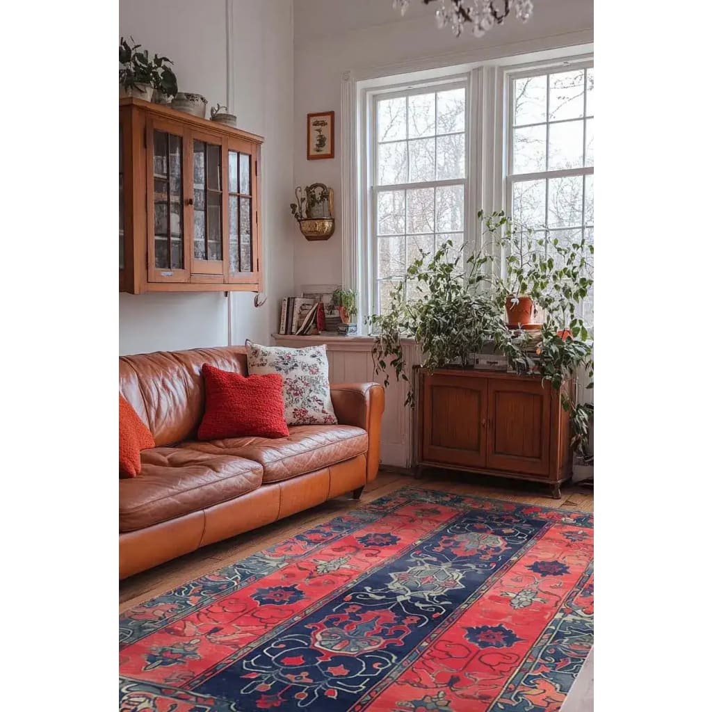 A beautiful Rosetta Passage hand tufted wool rug graces the floor of a cozy living room. This floral rug, measuring 8x10, adds a vibrant touch with its intricate design and rich colors. Perfect for living room area rugs, it complements the warm tones of the leather sofa and wooden furniture, creating an inviting and stylish ambiance.