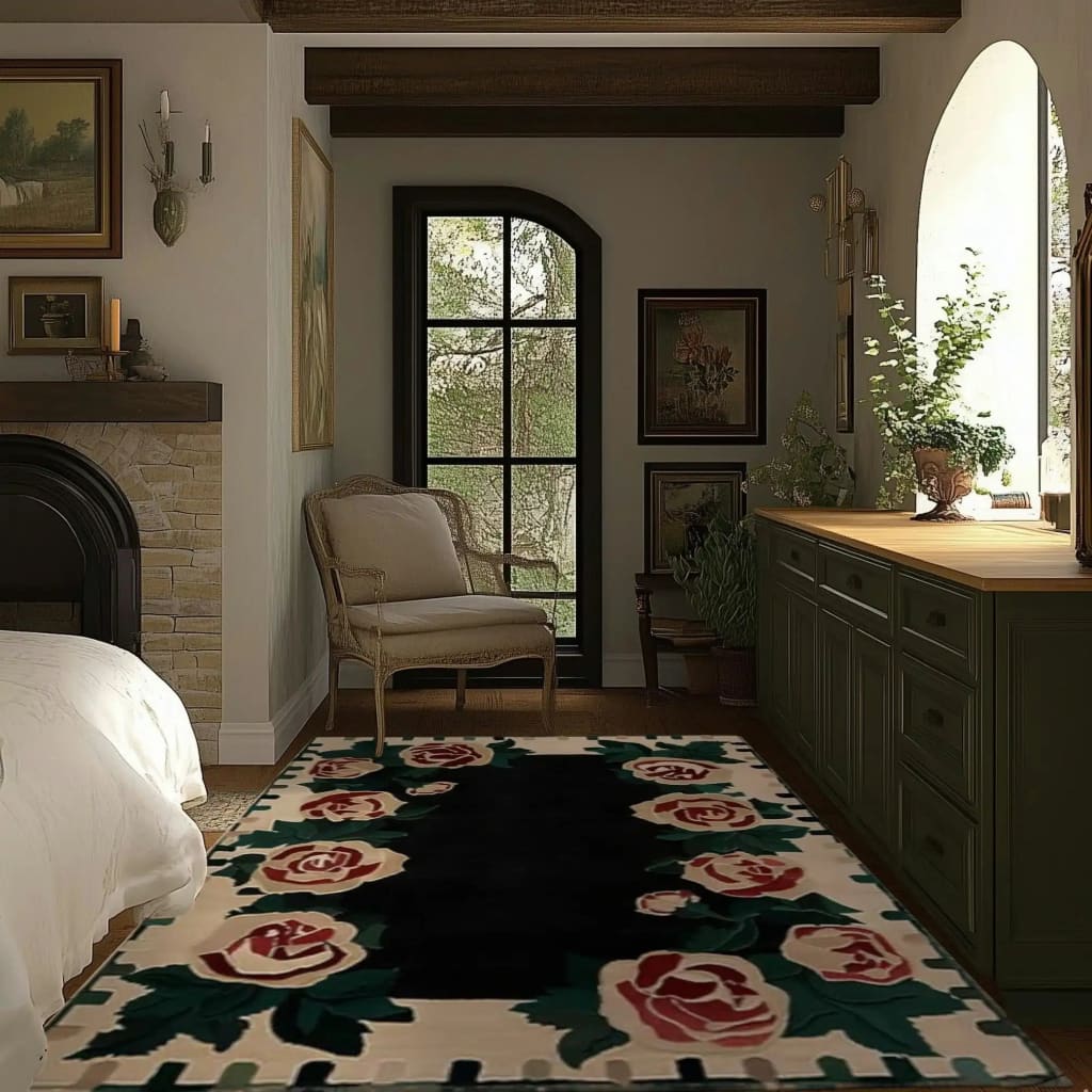 Beautiful Rosette Noir Hand Tufted Area Rug in a cozy living room setting. This floral wool rug, perfect for both living rooms and offices, features elegant rose patterns that add a touch of sophistication and warmth to the space.