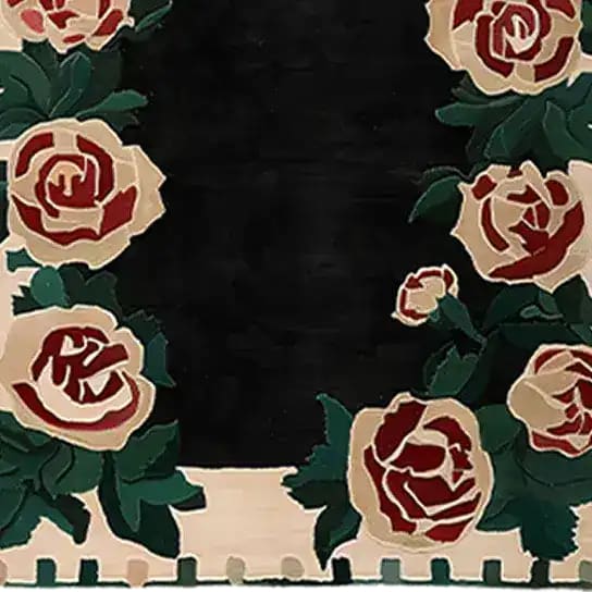 A stunning Rosette Noir hand tufted area rug featuring elegant floral patterns in deep red and cream, set against a rich black background. Perfect for adding a touch of sophistication to your living room or office, this wool rug offers both style and comfort.