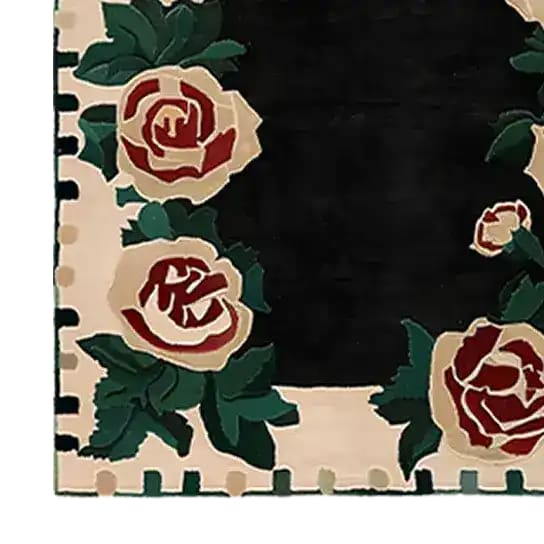 Elegant Rosette Noir hand-tufted area rug featuring intricate floral designs with bold red roses and green leaves on a black background. Perfect as a wool rug for living room or office spaces, adding a touch of sophistication and style.