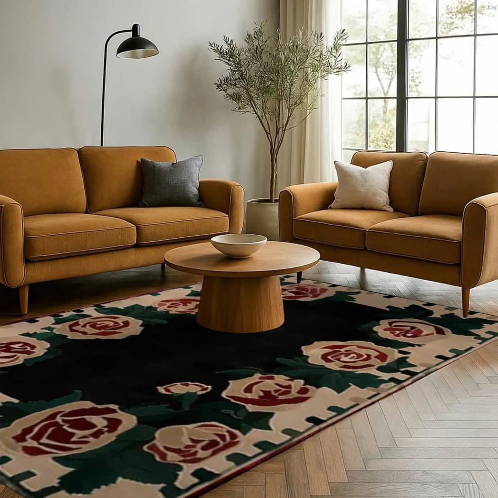 Elegant living room featuring a Rosette Noir Hand Tufted Area Rug with a striking floral design. Perfect wool rug addition for a cozy office or stylish area rugs for the living room, complementing the warm-toned sofas and wooden coffee table.