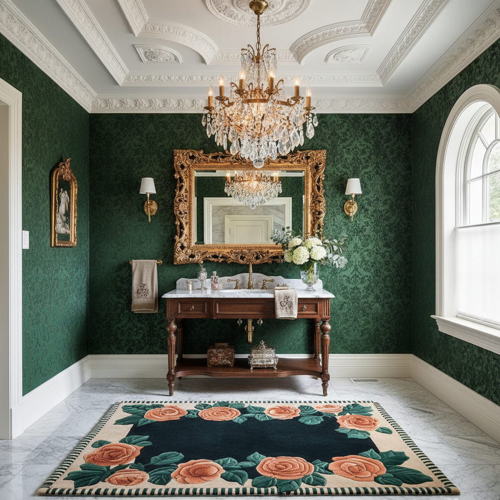 Luxurious bathroom with green walls, a chandelier, and decorative rug.